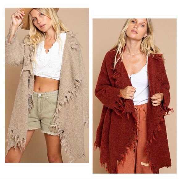 WOOL Blend Long cardigan with distressed Hemline in Terracotta - Picture 14 of 14